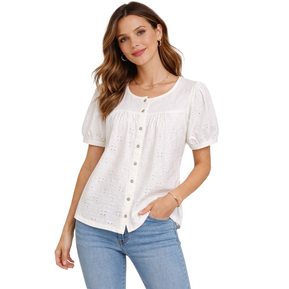 Downeast White Eyelet Button Front Blouse Medium Puff Sleeve